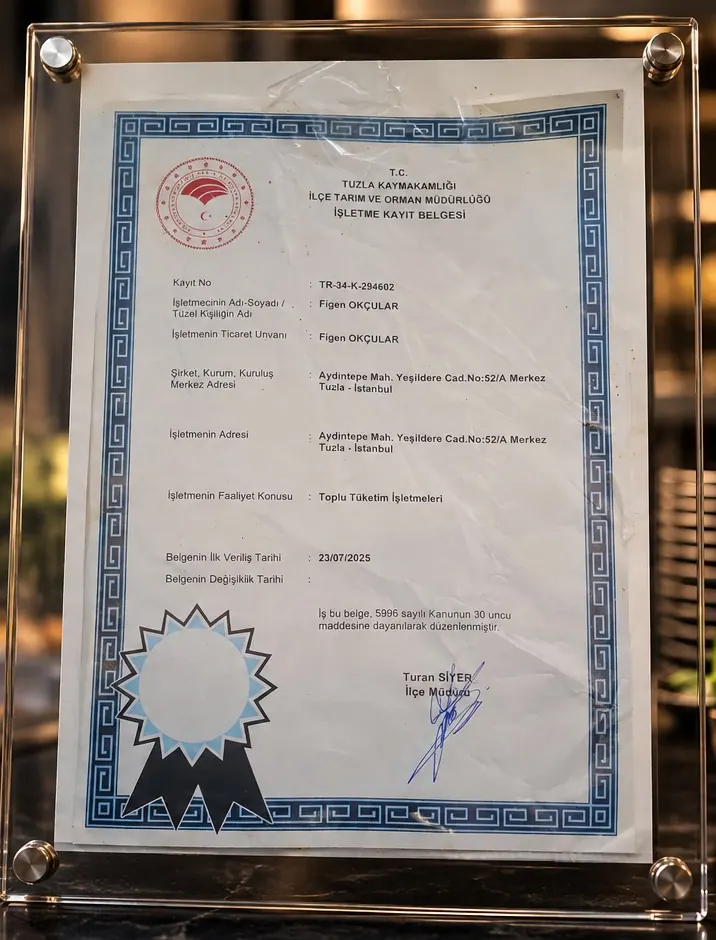 Tuzla İlçe Tarım ve Orman Müdürlüğü tarafından düzenlenen İşletme Kayıt Belgesi