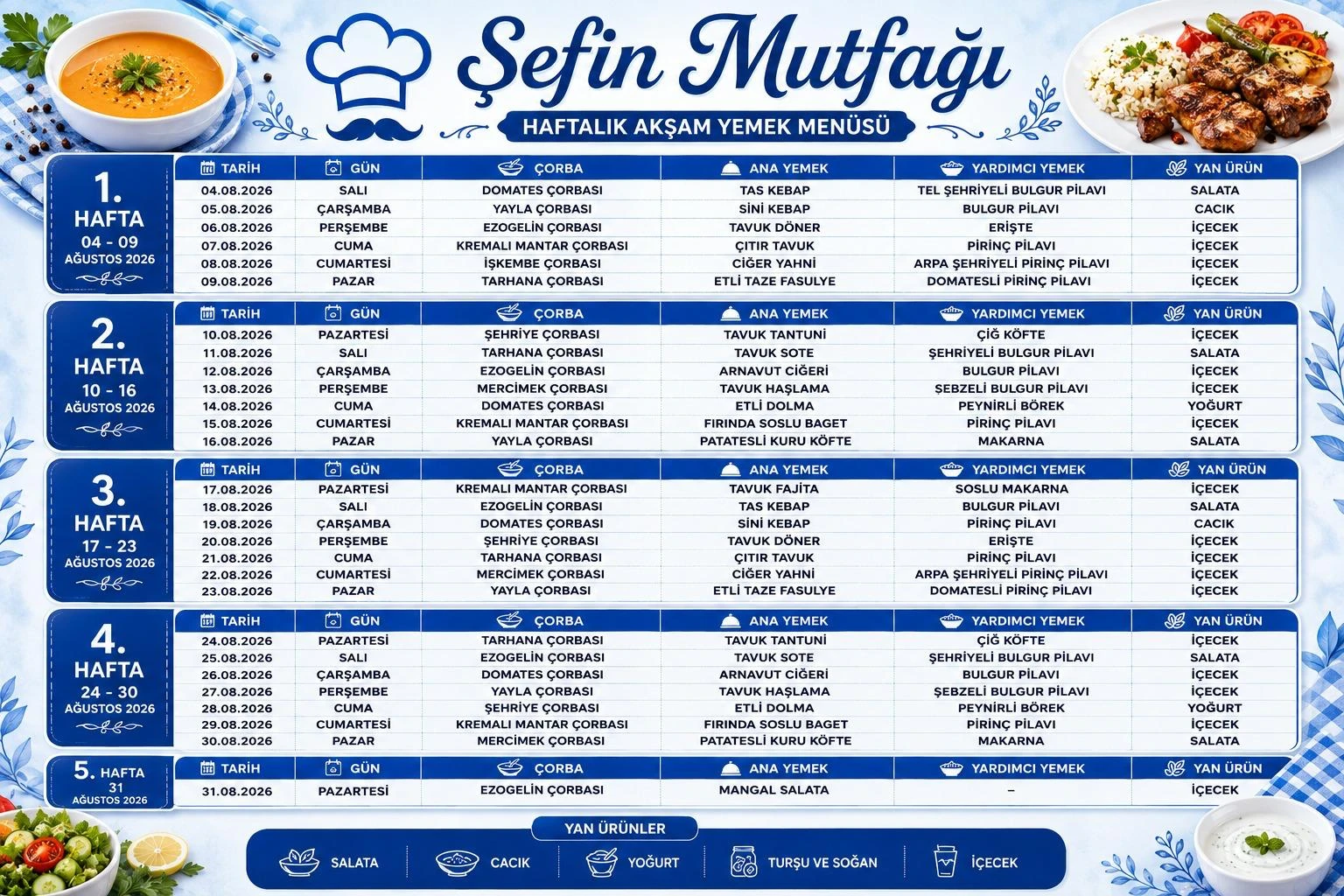 Şefin Mutfağı Ağustos 2026 haftalık akşam yemeği menüsü afişi