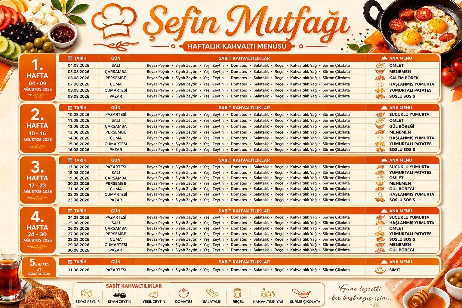 Şefin Mutfağı Ağustos 2026 haftalık kahvaltı menüsü afişi