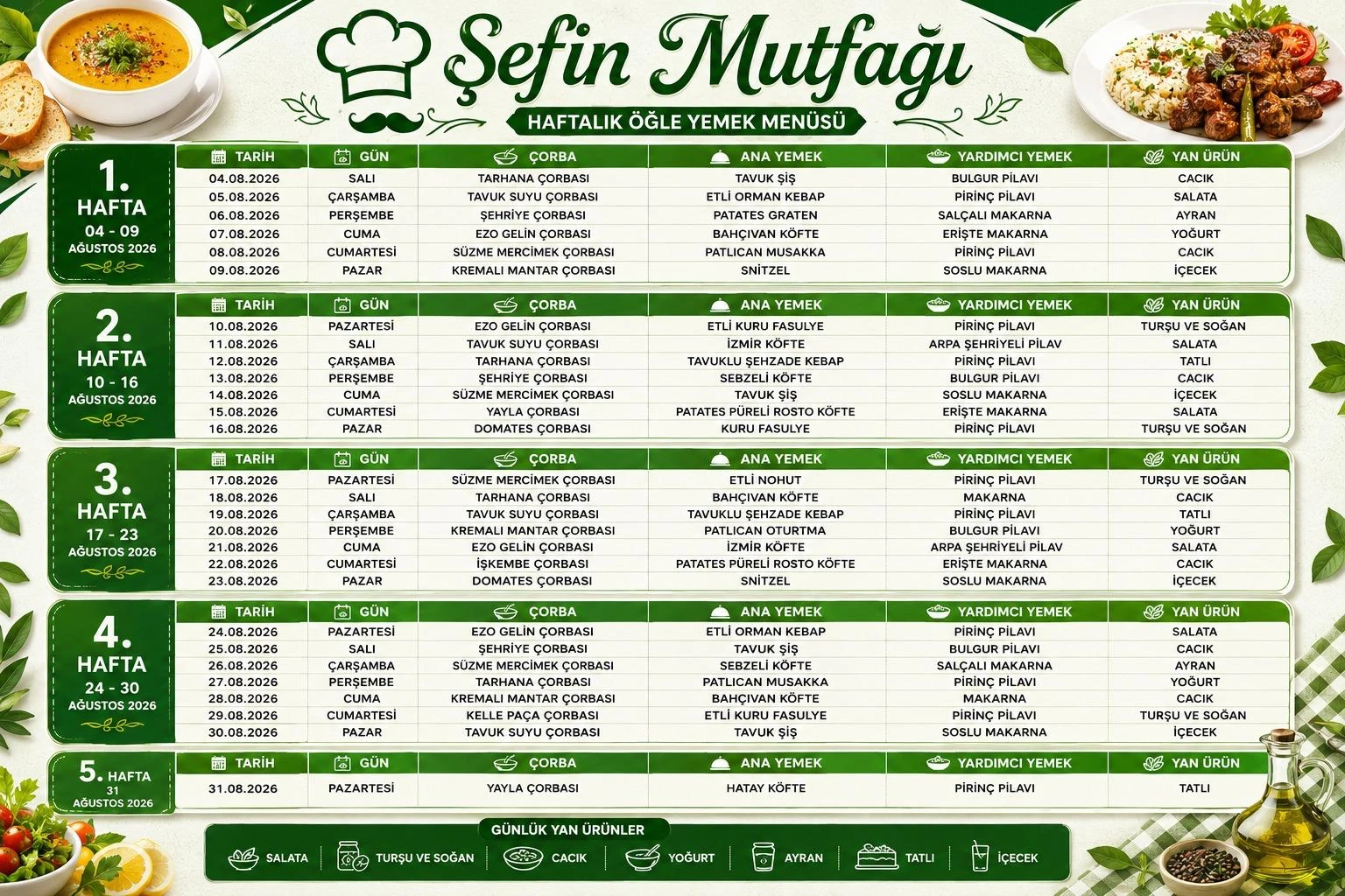 Şefin Mutfağı Ağustos 2026 haftalık öğle yemeği menüsü afişi